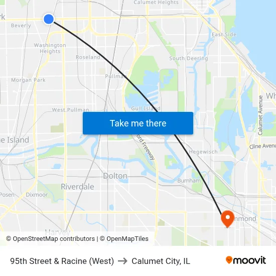 95th Street & Racine (West) to Calumet City, IL map