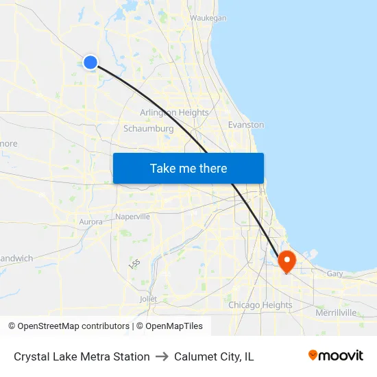Crystal Lake Metra Station to Calumet City, IL map