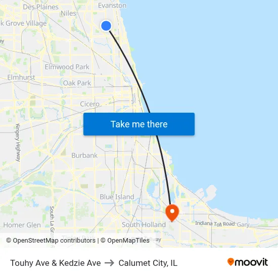 Touhy Ave & Kedzie Ave to Calumet City, IL map