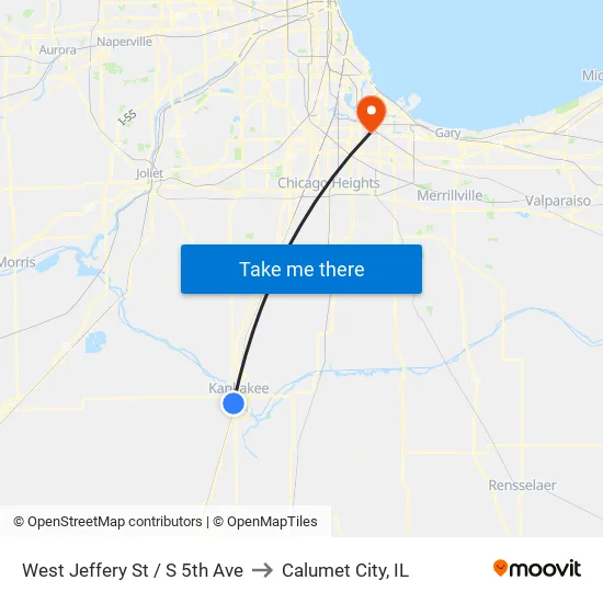 West Jeffery St / S 5th Ave to Calumet City, IL map