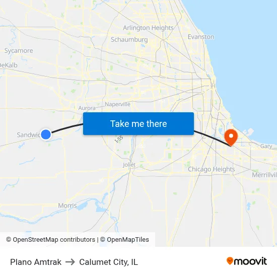 Plano Amtrak to Calumet City, IL map