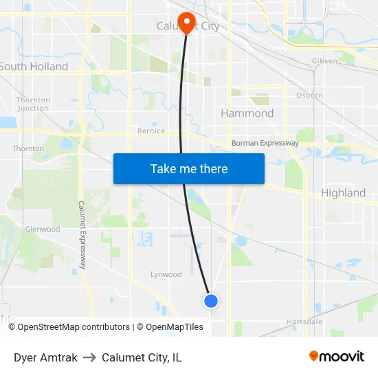 Dyer Amtrak to Calumet City, IL map