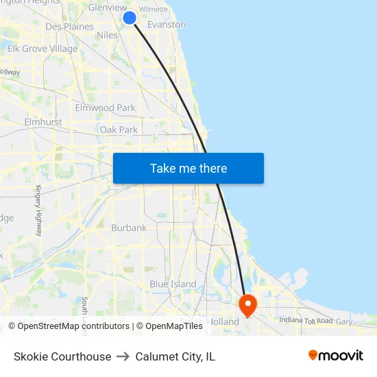 Skokie Courthouse to Calumet City, IL map