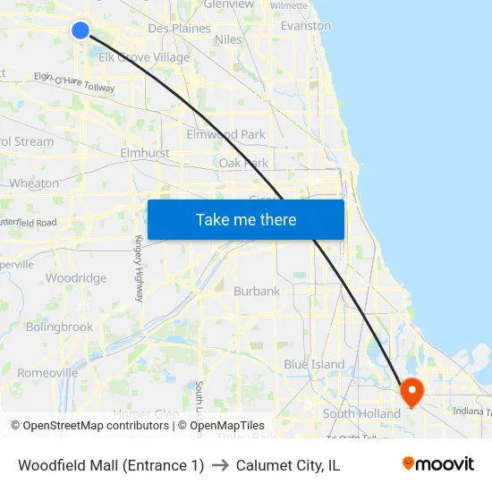 Woodfield Mall (Entrance 1) to Calumet City, IL map