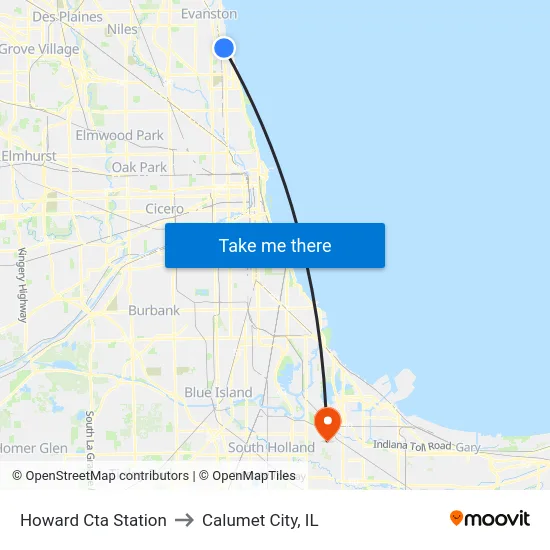 Howard Cta Station to Calumet City, IL map