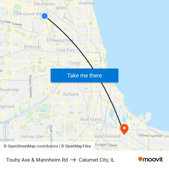 Touhy Ave & Mannheim Rd to Calumet City, IL map