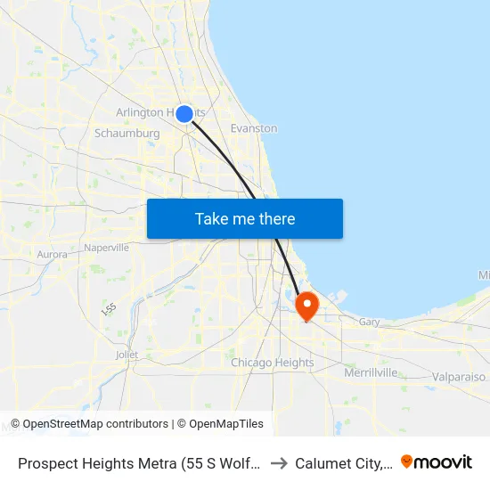 Prospect Heights Metra (55 S Wolf Rd) to Calumet City, IL map