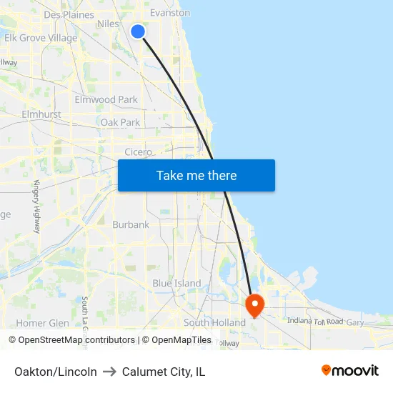 Oakton/Lincoln to Calumet City, IL map