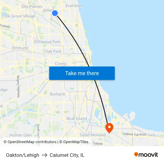 Oakton/Lehigh to Calumet City, IL map