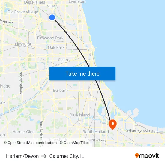 Harlem/Devon to Calumet City, IL map