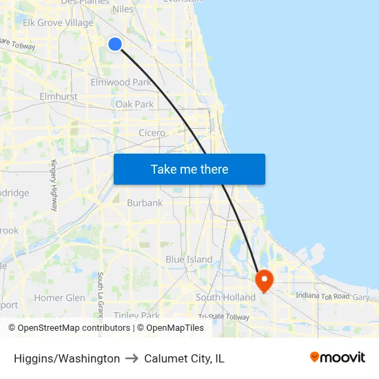 Higgins/Washington to Calumet City, IL map