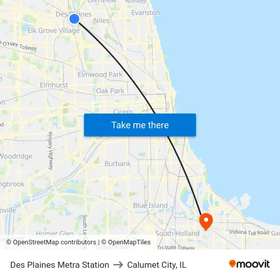 Des Plaines Metra Station to Calumet City, IL map