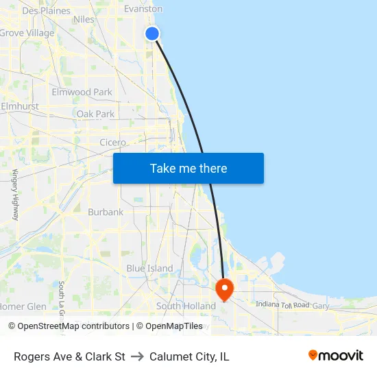 Rogers Ave & Clark St to Calumet City, IL map