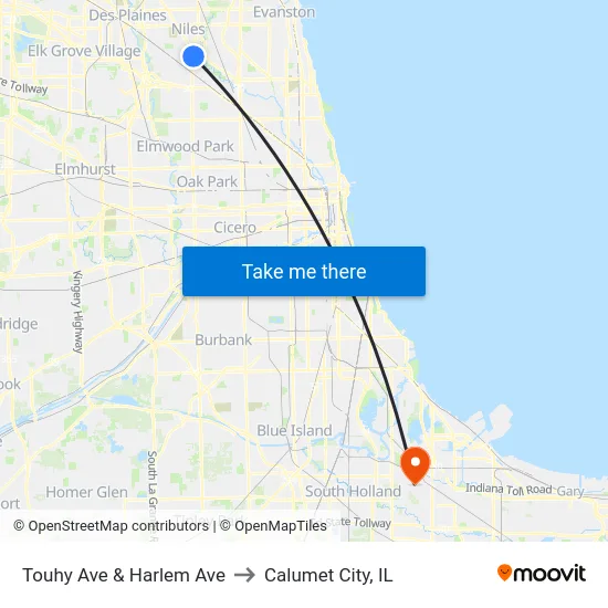 Touhy Ave & Harlem Ave to Calumet City, IL map