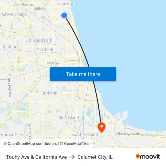 Touhy Ave & California Ave to Calumet City, IL map