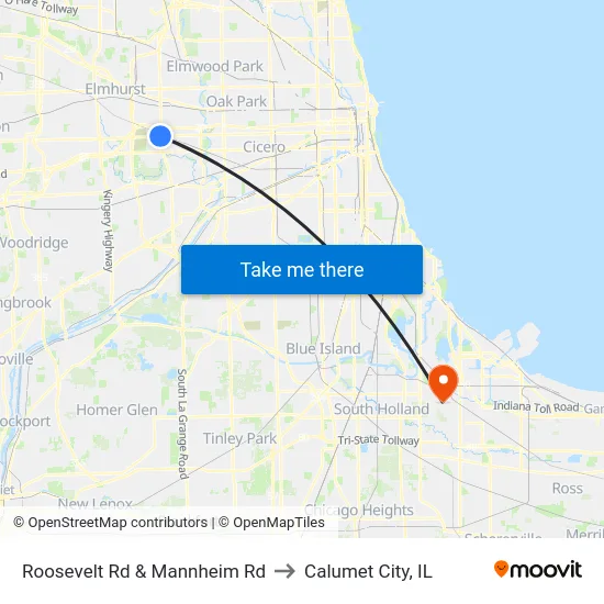 Roosevelt Rd & Mannheim Rd to Calumet City, IL map