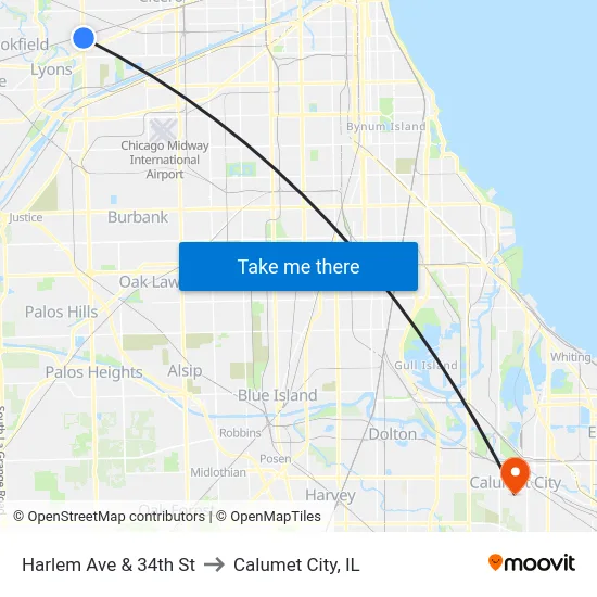 Harlem Ave & 34th St to Calumet City, IL map