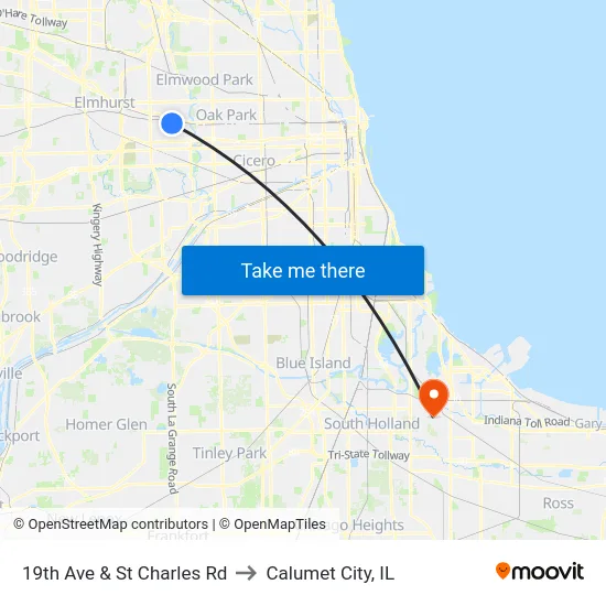 19th Ave & St Charles Rd to Calumet City, IL map