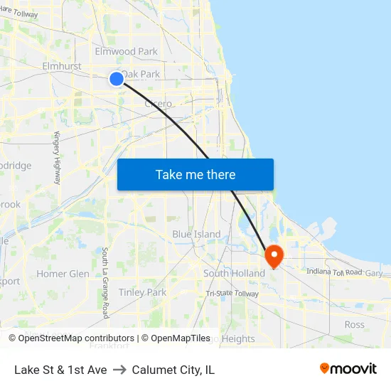 Lake St & 1st Ave to Calumet City, IL map