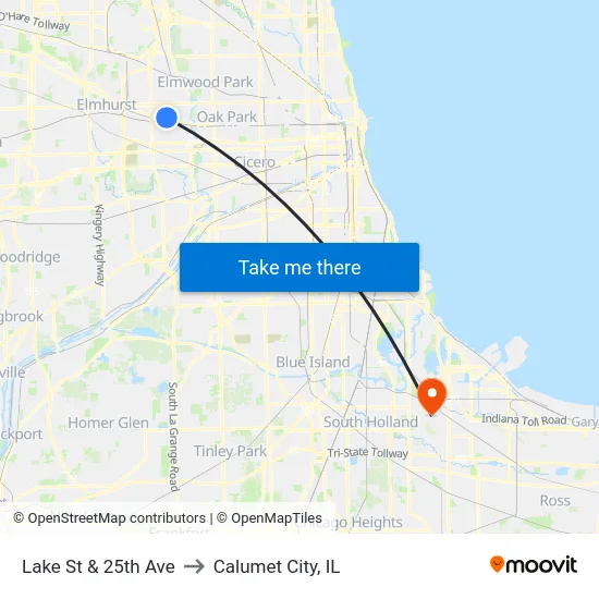 Lake St & 25th Ave to Calumet City, IL map