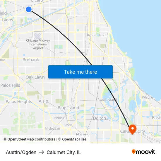 Austin/Ogden to Calumet City, IL map
