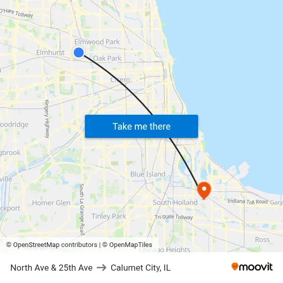 North Ave & 25th Ave to Calumet City, IL map