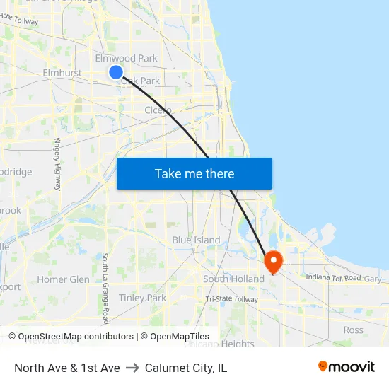 North Ave & 1st Ave to Calumet City, IL map