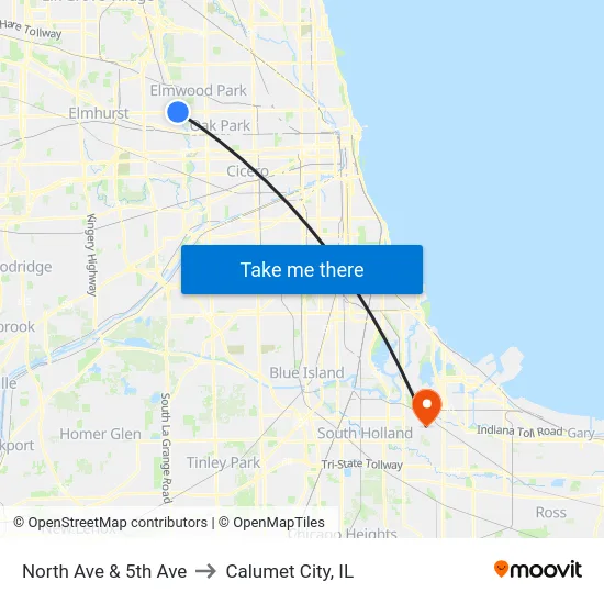 North Ave & 5th Ave to Calumet City, IL map