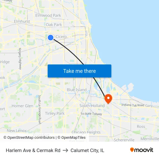 Harlem Ave & Cermak Rd to Calumet City, IL map
