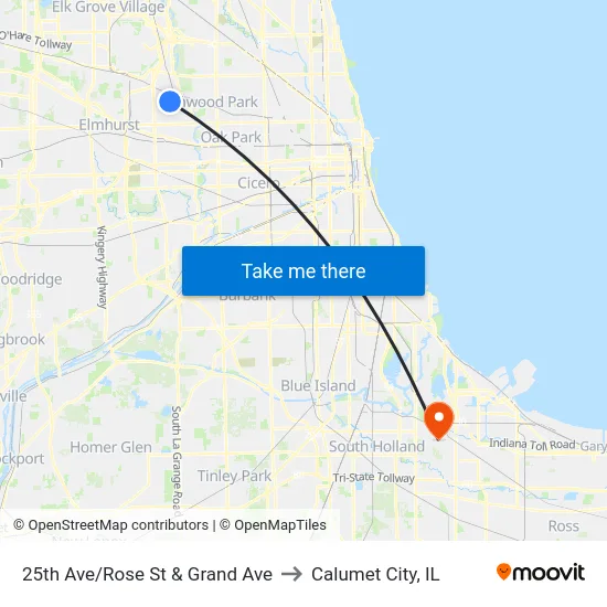 25th Ave/Rose St & Grand Ave to Calumet City, IL map