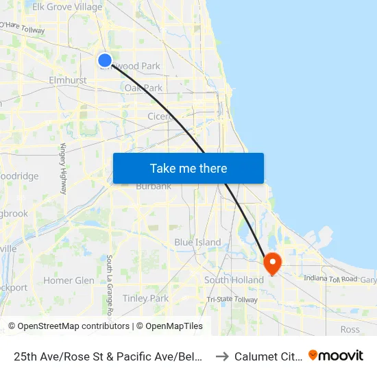 25th Ave/Rose St & Pacific Ave/Belmont Ave to Calumet City, IL map