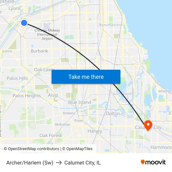 Archer/Harlem (Sw) to Calumet City, IL map