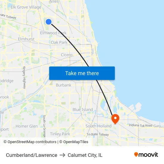 Cumberland/Lawrence to Calumet City, IL map