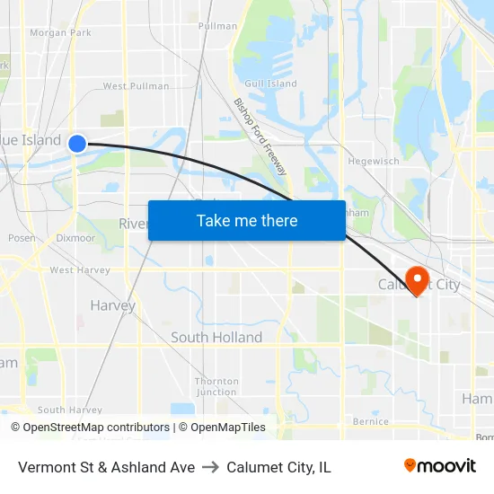 Vermont St & Ashland Ave to Calumet City, IL map