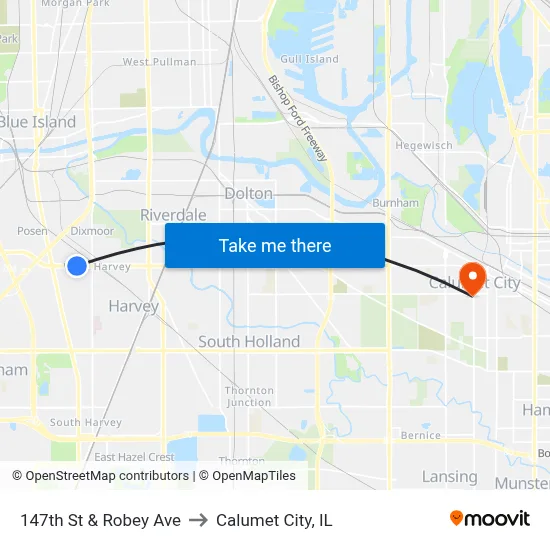 147th St & Robey Ave to Calumet City, IL map