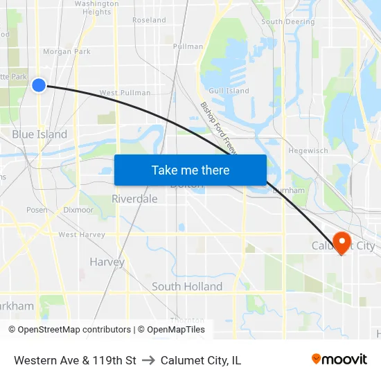 Western Ave & 119th St to Calumet City, IL map