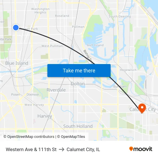 Western Ave & 111th St to Calumet City, IL map