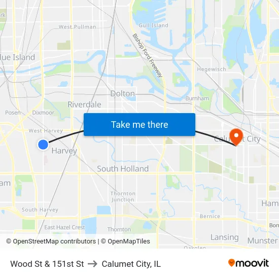 Wood St & 151st St to Calumet City, IL map