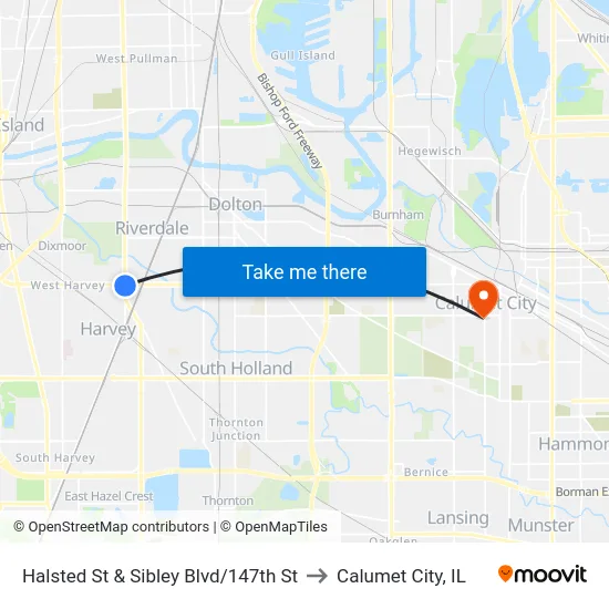 Halsted St & Sibley Blvd/147th St to Calumet City, IL map