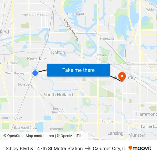 Sibley Blvd & 147th St Metra Station to Calumet City, IL map