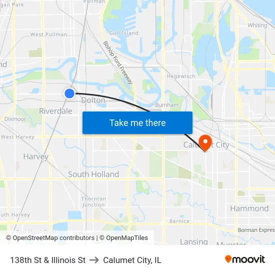 138th St & Illinois St to Calumet City, IL map