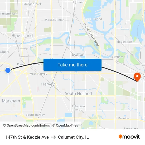 147th St & Kedzie Ave to Calumet City, IL map