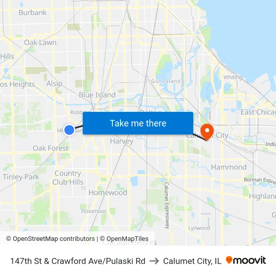 147th St & Crawford Ave/Pulaski Rd to Calumet City, IL map