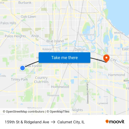 159th St & Ridgeland Ave to Calumet City, IL map