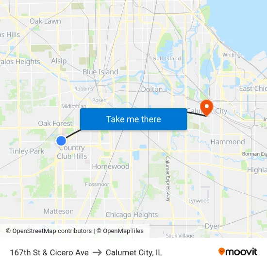167th St & Cicero Ave to Calumet City, IL map