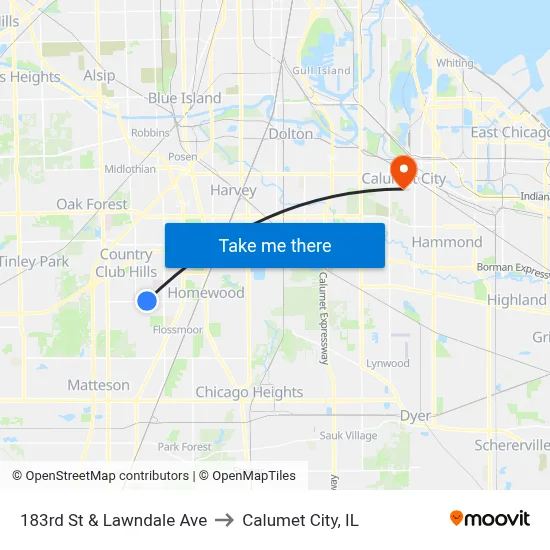 183rd St & Lawndale Ave to Calumet City, IL map