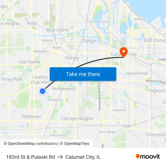 183rd St & Pulaski Rd to Calumet City, IL map