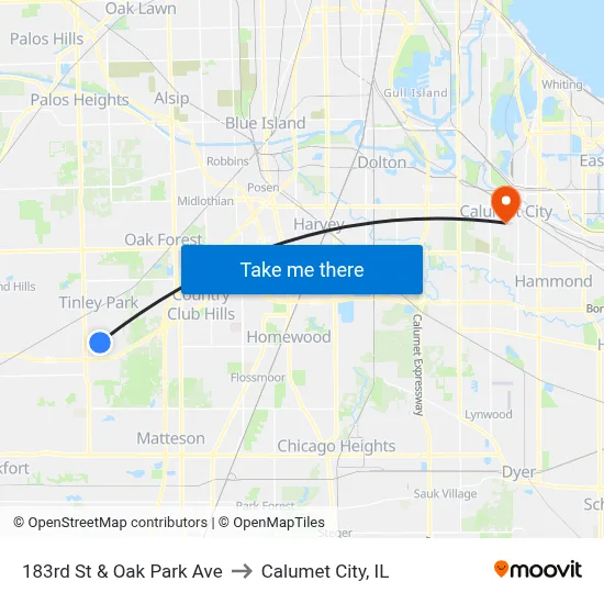 183rd St & Oak Park Ave to Calumet City, IL map