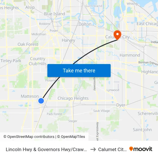 Lincoln Hwy & Governors Hwy/Crawford Ave to Calumet City, IL map