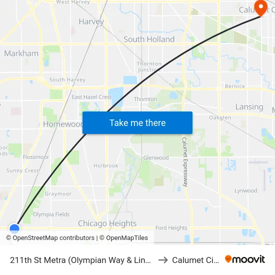 211th St Metra (Olympian Way & Lincoln Hwy) to Calumet City, IL map
